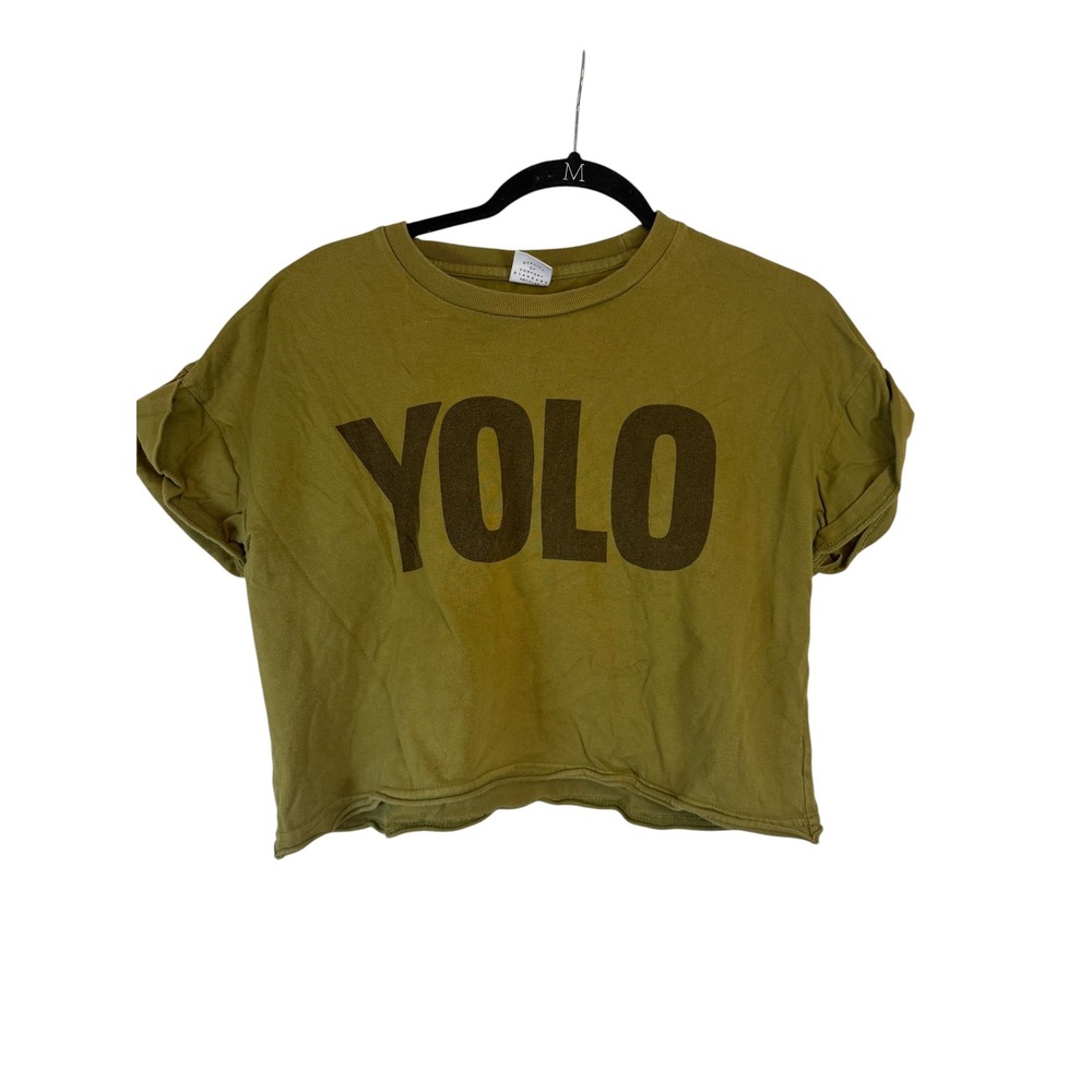 Moussy Womens YOLO Graphic Crop Top Olive Green Rolled Sleeve Raw Hem Tee